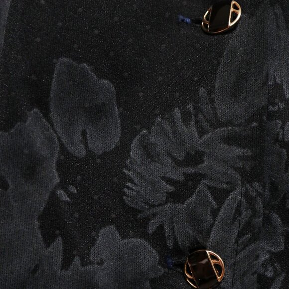 80s Black & Grey Floral Polka Dot Satin Dress w/ Long Sleeves, Stretch Waist - Picture 4 of 10